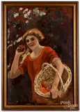 of a woman with a basket of apples by Gayle Porter Hoskins, oil on canvas, sold Jan 2019