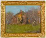 of a cabin in springtime by Everett Warner, oil on canvas, sold Jan 2019