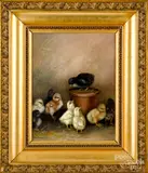 of chicks and a flower pot by Ben Austrian, oil on canvas, sold Jan 2019