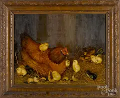 of a hen and chicks by Ben Austrian, oil on canvas, sold Jan 2019