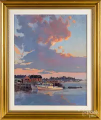Maine harbor scene by West Fraser, oil on canvas, sold Jan 2019