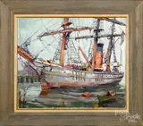 harbor scene with ship by Pearl Van Sciver, oil on board, sold Jan 2019
