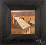 of rooftops by Jon Redmond, oil on panel, sold Jan 2019