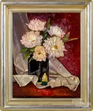 of peonies and a Buddha by Jacqueline Ziegler, oil on canvasboard, sold Jan 2019