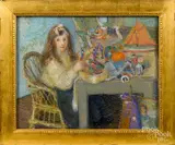 of a young girl seated at a table with dolls and toys by George Morren, pastel, sold Jan 2019