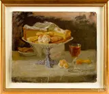 still lifes of a wine glass and pastries by John F. Francis, oil on board, sold Jan 2019