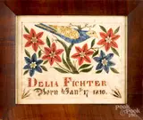 fraktur birth certificate for Delia Fichter by the William Murray School, ink and watercolor, sold Jan 2019