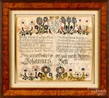 fraktur for Johannes Best by Johann Ernst Spangenberg, ink and watercolor, sold Jan 2019
