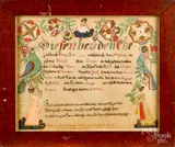 fraktur birth certificate for Caroline Zinn by Daniel Peterman, ink and watercolor, sold Jan 2019