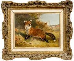 of a fox with a hunting party in background by Heywood Hardy, oil on panel, offered Jan 2019