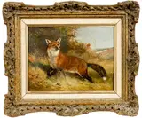 of a fox with a hunting party in background by Heywood Hardy, oil on panel, offered Jan 2019