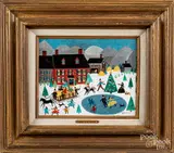 folk art winter scene by Rosebee, oil on board, sold Nov 2018