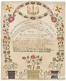 fraktur family record for Christian Kindig by Chandelier Artist Friederich Leonhard, ink and watercolor, sold Sep 2018