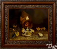 of a hen with thirteen feeding chicks by Ben Austrian, ca. 1919, oil on canvas, sold Sep 2018