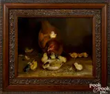 of a hen with thirteen feeding chicks by Ben Austrian, ca. 1919, oil on canvas, sold Sep 2018