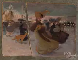 of women in a courtyard by Albert Mantelet-Goguet, mixed media on board, sold Aug 2018