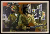 of a Vietnam war protest with U.S. soldier and a hippie playing a guitar by Ron Dembosky, oil on canvas, sold Aug 2018