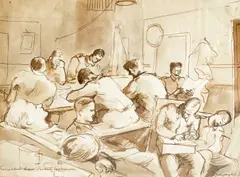 Recreation Room Sunday Afternoon by Keith Vaughan, 1942, ink and wash on paper, sold Apr 2022