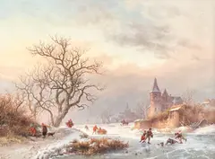 Skaters on a Dutch Waterway by Fredrik Marinus Kruseman, 1855, oil on panel, sold Apr 2022