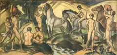 Jünglinge und Pferde vor der Quelle (Youths and Horses by a Spring) by Ludwig von Hofmann, 1917, pastel on brown paper, sold Apr 2022