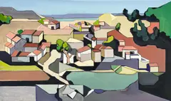 Untitled (View of Town) by Leonard Alberts, oil on canvas, sold Apr 2022