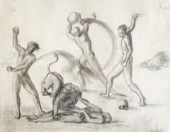 Löwenkampf (Lion Fight) by Edgar Ende, 1926, graphite on paper, sold Apr 2022