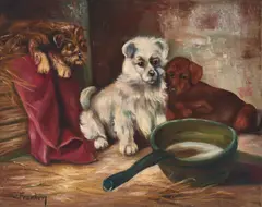Contemplating Dinner for Three by William Franken, oil on canvas (unstretched), sold Apr 2022