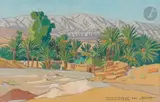 La fontaine des Gazelles sur la route d’El Kantara by Jean Hainaut, 1928, Fusain et pastel, sold Jul 2023