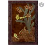 Serin et Serin huppé dans des cactées en fleurs by Gaston Suisse, Panneau décoratif avec son cadre d’origine réalisé par l’artiste, sold Jun 2023