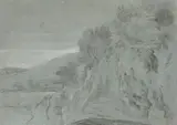 Paysage by Michel-Ange Challe, Crayon noir et rehauts de craie blanche sur papier bleu, sold May 2023