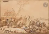 Cavaliers arrivant au bivouac by Hippolyte Lecomte, Plume et encre brune, lavis brun et rehauts de gouache blanche postérieurs, sold May 2023