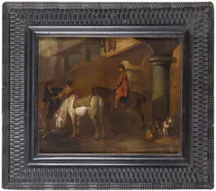 Cavaliers à la fontaine by Hendirk Verschuring, Panneau de chêne, parqueté, sold May 2023