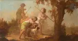 Jeunes enfants chasseurs by Johann Heinrich Keller, Toile anciennement chantournée, agrandie sur les côtés, sold May 2023