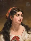 Jeune femme au nœud rouge by Édouard Létourneau, Toile, sold May 2023