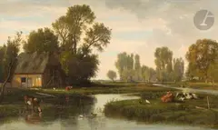 Ferme au bord d’une rivière by Louis-Nicolas Cabat, Toile, sold May 2023