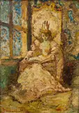 Jeune femme à l’enfant lisant by Adolphe Joseph Thomas Monticelli, Panneau, sold May 2023