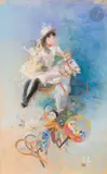Charmant portrait d’une petite fille trônant sur un cheval de bois au milieu de ses jouets by Jules Chéret, Pastel, sold May 2023