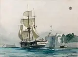 Trois mats sortant du port by Léon Haffner, Aquarelle gouachée, sold Dec 2013