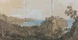 Vue du palais de Monaco et de Monte-Carlo by Édouard Hostein, Plume, lavis et aquarelle, rehauts de blanc sur trois feuilles, sold Dec 2013