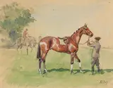 Cheval sellé tenu en main sur le terrain des Aigles à Chantilly by Karl Reille, Aquarelle gouachée signée en bas à droite, sold Jun 2013