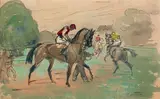 Aux courses, chevaux se rendant au départ by Pierre Olivier Dubaut, Aquarelle sur traits d'encre, sold Jun 2013