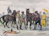 Au polo by Pierre Olivier Dubaut, Aquarelle sur traits d'encre porte le timbre de la signature en bas à droite, sold Jun 2013