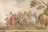Groupe de militaires écoutant un rapport by Adam Frans van der Meulen, Pierre noire, aquarelle, sold Apr 2013