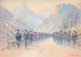 Le 20e bataillon de chasseurs Alpins». (Le 20ème BCA était en garnison à Antibes de 1927 à 1940) by Maurice Toussaint, Aquarelle gouachée, sold Jan 2013