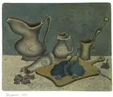 Nature morte, circa 1970 by Mihail Chemiakin, Technique mixte (encre et aquarelle sur base gravée), sold Nov 2012