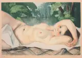 Baigneuse allongée by Charles Kvapil, Aquatinte en couleur, rehaussée, sold Oct 2012