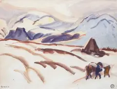 Paysage de neige animé by Jules-Émile Zingg, Aquarelle, sold Apr 2012
