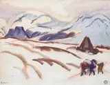 Paysage de neige animé by Jules-Émile Zingg, Aquarelle, sold Apr 2012