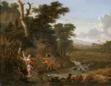 Nymphe et satyre dans un paysage de rivière by Jan Gabrielsz Sonjé, Panneau, sold Mar 2012