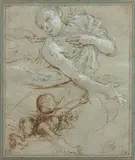Feuille d'étude avec des anges by Ferraù Fenzoni, Plume et encre brune, rehauts de gouache blanche sur traits de crayon noir sur papier bleu, sold Nov 2019